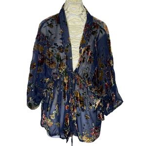 ILLA ILLA Kimono Cardigan Womens L Blue Floral Burnout Velvet Boho Whimsigoth